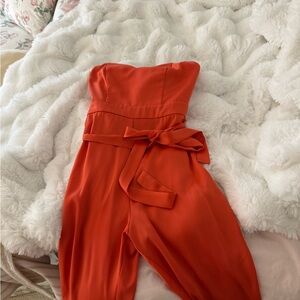 NBD Strapless Red-Orange Jumpsuit with Self Tie Waist